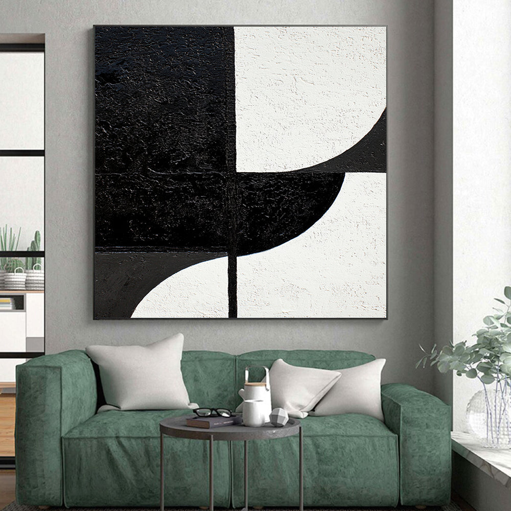 Black & White Geometric Shapes - “Minimalist Form Fusion” Painting On Canvas HB228