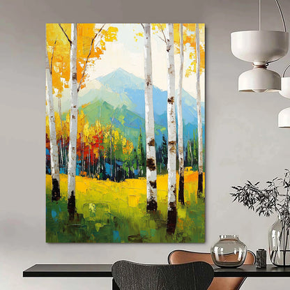 Large contemporary hand-painted abstract artwork featuring birch trees in vibrant spring colors against a mountain backdrop with expressive brushstrokes. DLZ1100
