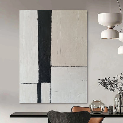 Contemporary abstract artwork features an off-white wall with a striking black vertical stripe, embodying the essence of minimalism through simple lines. DLZ1318