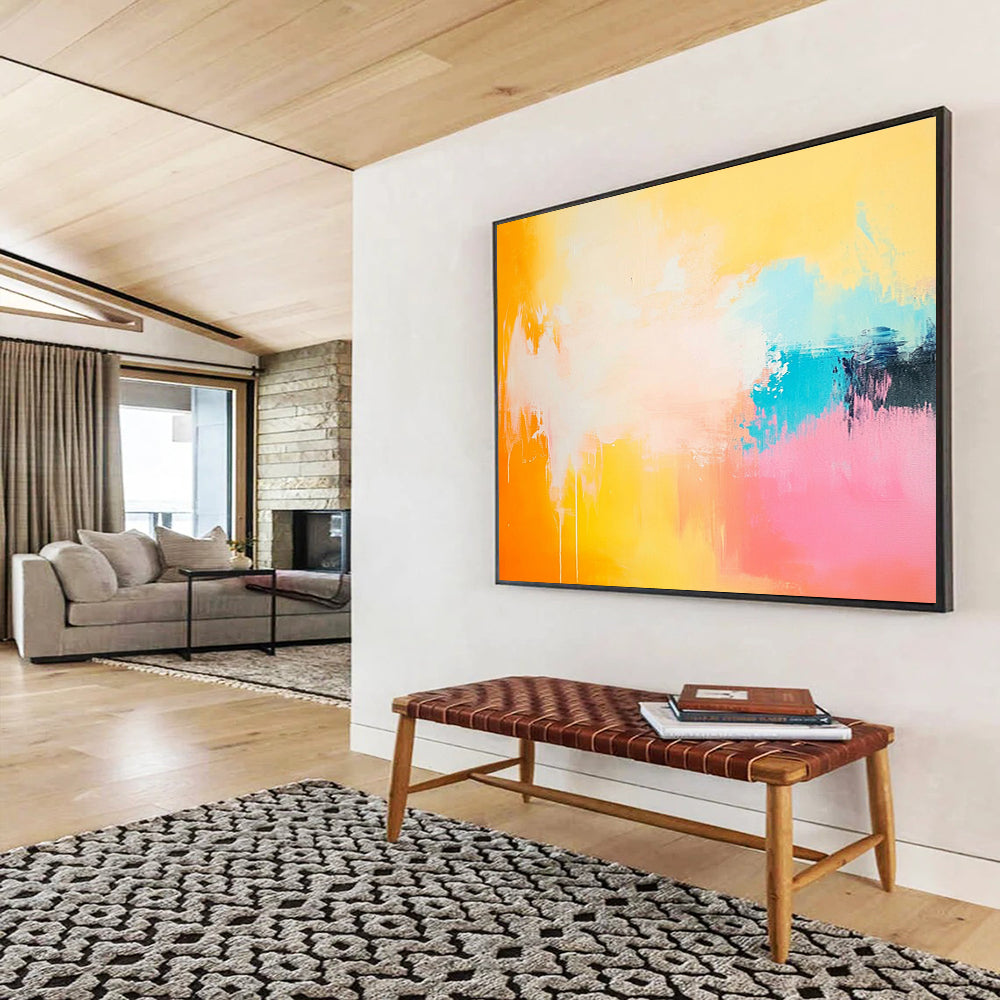 “Sunset Drip” - Orange, Yellow, Pink, Blue, Abstract Dripping Painting On Canvas HB1066