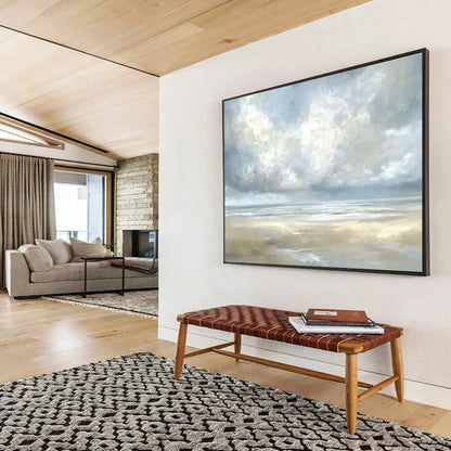 “Misty Coastal Calm” - Gray, Blue, Beige, Tranquil Seaside Clouds Painting On Canvas HB1027