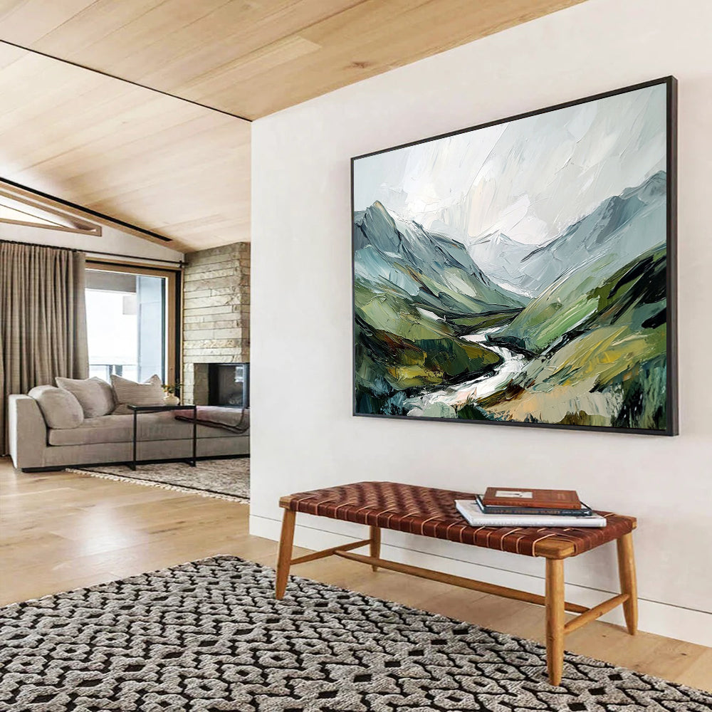 “Textured Mountain Valley” - Green, Blue, Gray, Layered Alpine Landscape Painting On Canvas HB1028