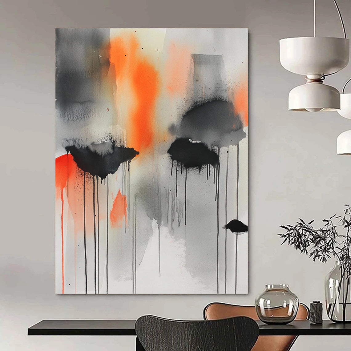 Contemporary hand-painted abstract art featuring gray, orange, and black hues with captivating watercolor drips and splatters for a dynamic visual experience. DLZ1034