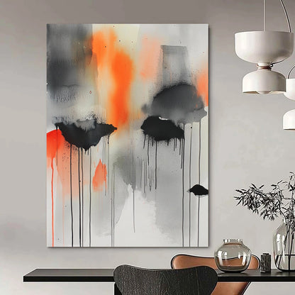 Contemporary hand-painted abstract art featuring gray, orange, and black hues with captivating watercolor drips and splatters for a dynamic visual experience. DLZ1034