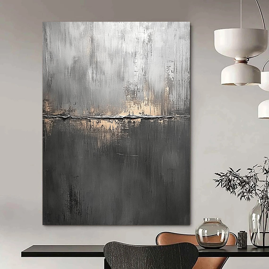 Contemporary abstract painting features a textured dark gray canvas with subtle brush strokes creating depth and visual intrigue. DLZ1281