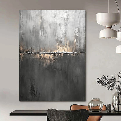 Contemporary abstract painting features a textured dark gray canvas with subtle brush strokes creating depth and visual intrigue. DLZ1281