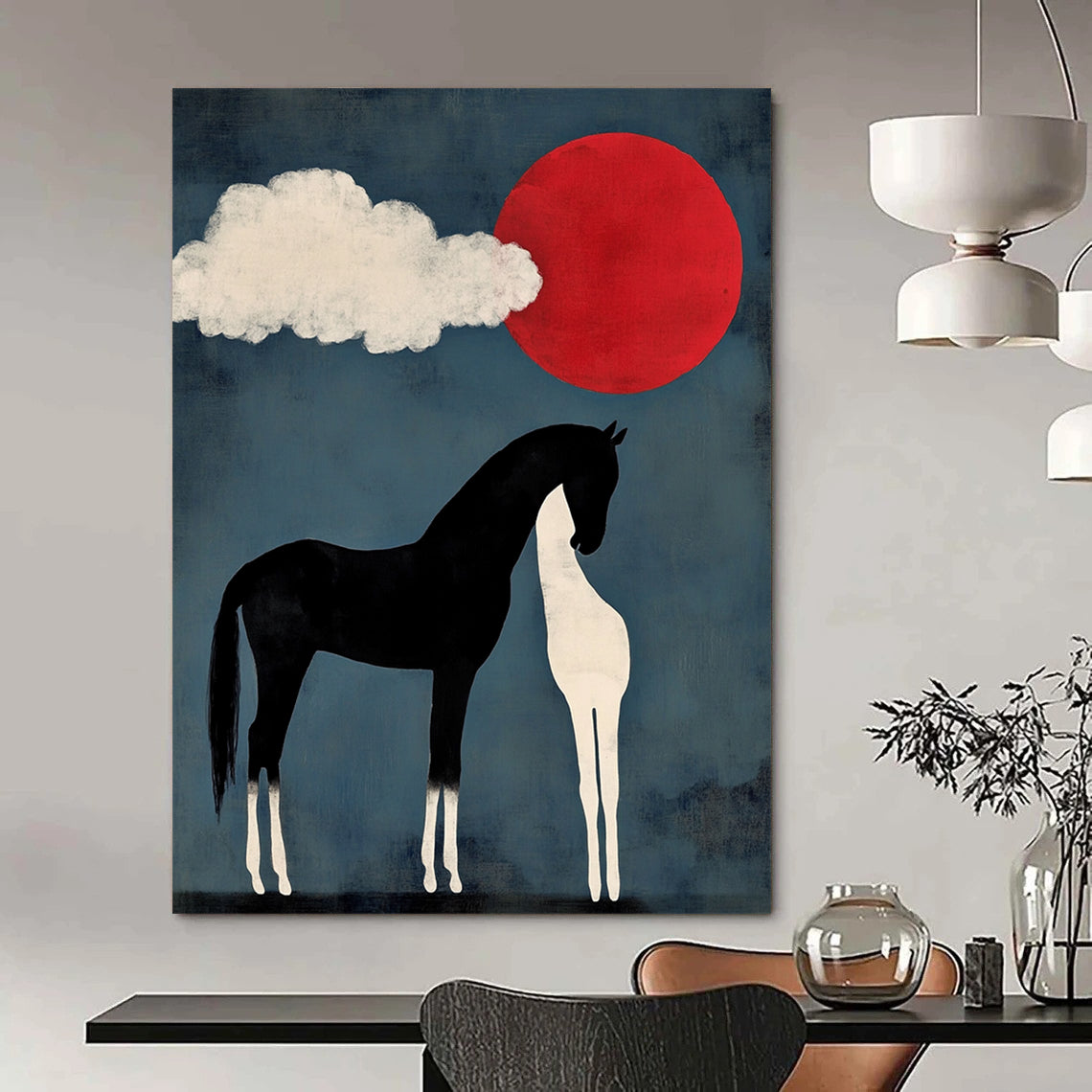 Contemporary abstract art featuring a black horse with white legs and tail beside a cloud shaped like two heads with a red sun setting in a blue sky. DLZ1147