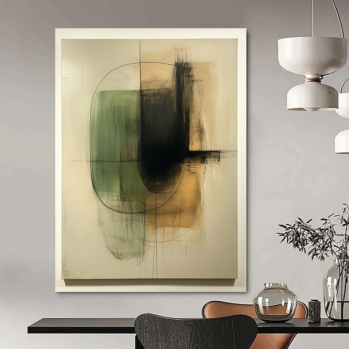 Contemporary hand-painted abstract art featuring organic shapes in green and beige on a textured white canvas with thin black lines and earth tones. DLZ1582