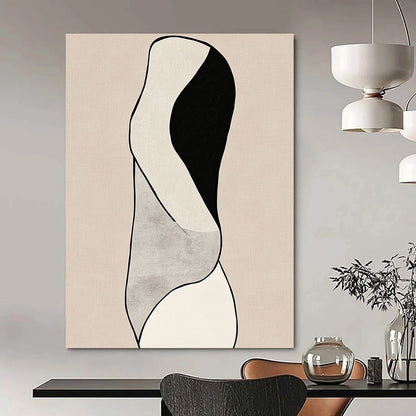 Contemporary hand-drawn abstract artwork featuring minimalist line art and woman's body curves against a black and white design on a beige background. DLZ1632