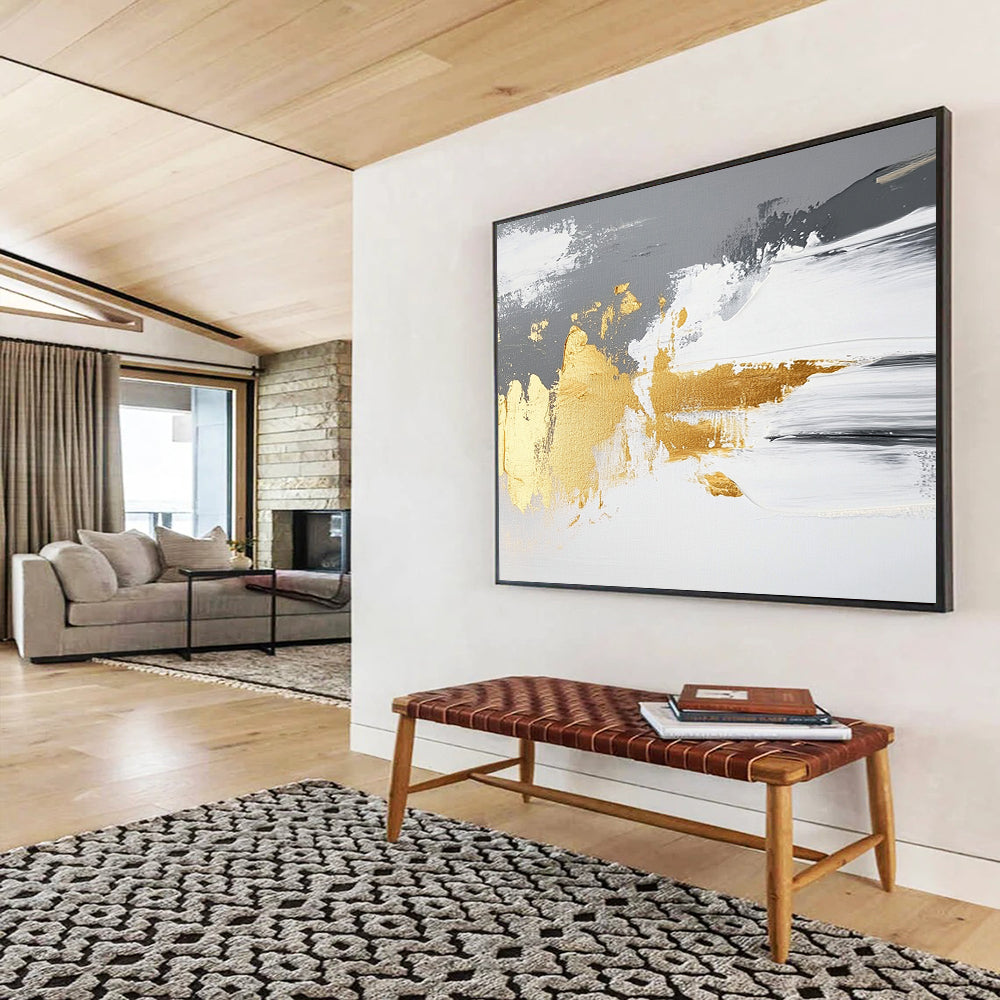 “Gray - White - Gold Abstract Strokes” - Gray, White, Gold, Abstract Paint Strokes - Acrylic Painting HB1780