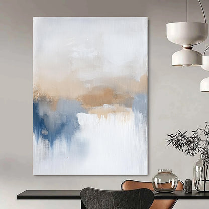 Contemporary large hand-painted abstract art featuring soothing beige and blue tones, evoking calming vibes of a serene sea horizon. DLZ0404