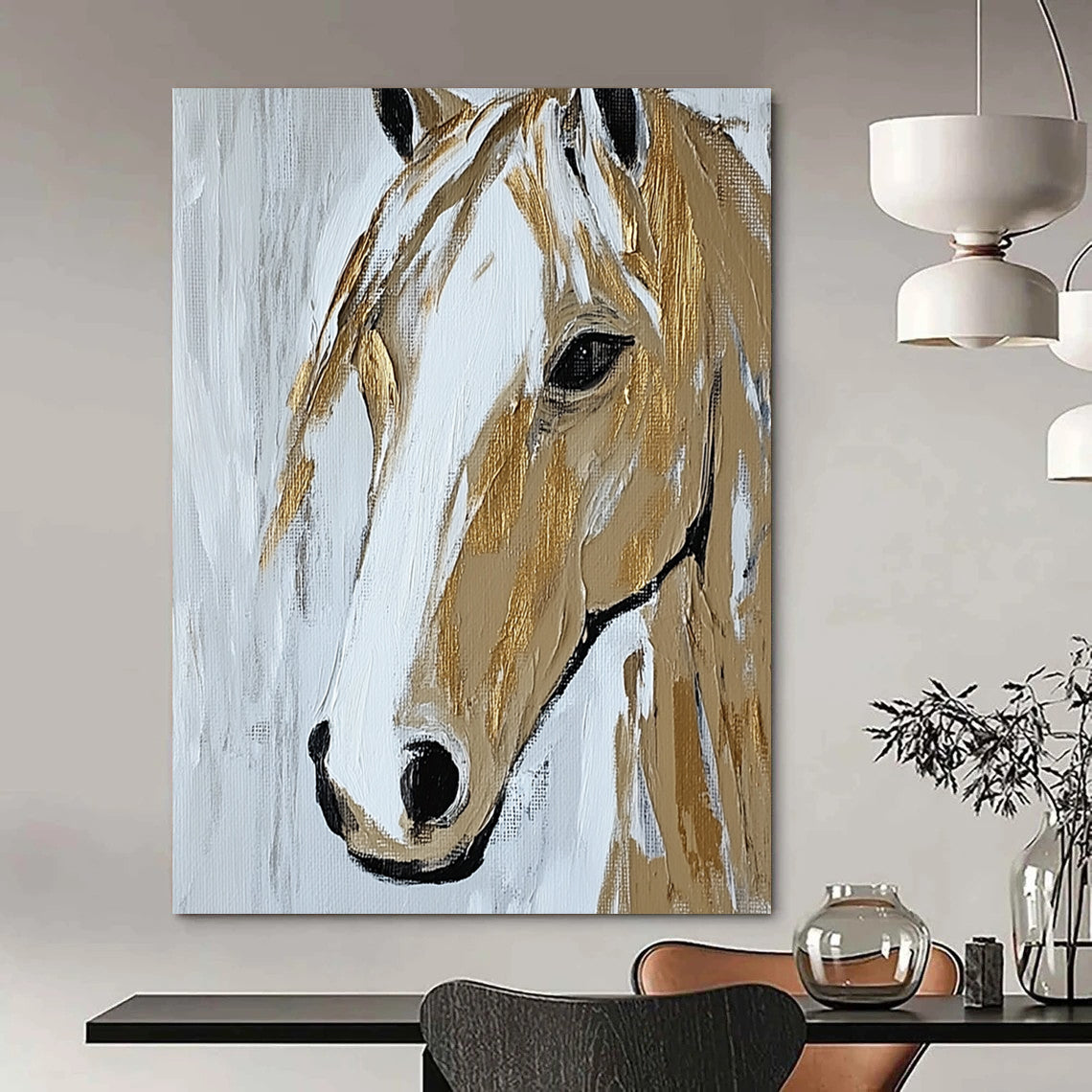 Contemporary abstract painting showcasing a close-up horse portrait in beige and white with textured gold accents on a minimal background. DLZ1583