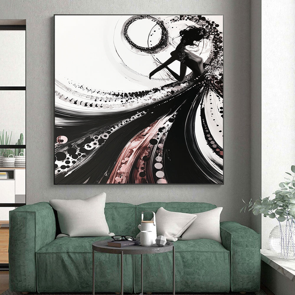 Black, White, Pink, Swirling Silhouette "Elegant Ink Silhouette" Abstract Figurative Painting On Canvas HB176