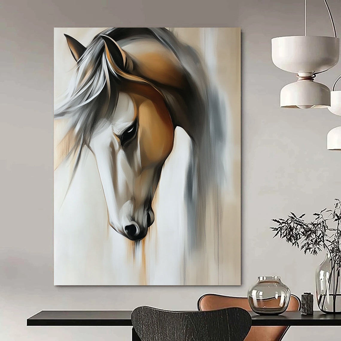 Contemporary abstract painting featuring a close-up view of a horse in muted light gray and off-white tones on a beige background. DLZ1670