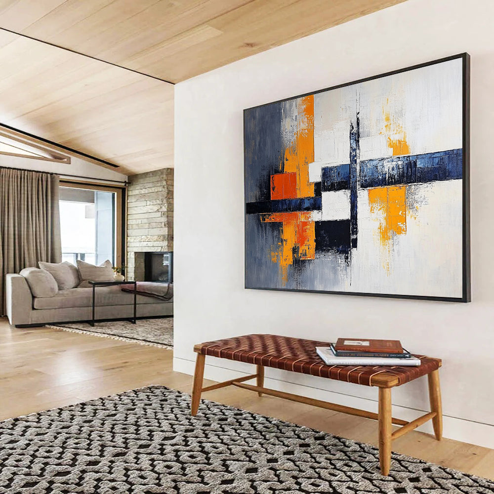 “Vibrant Crossroads” - Orange, Blue, Gray, Geometric Abstract Painting On Canvas HB1040