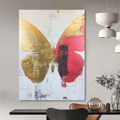 Contemporary abstract art featuring a striking butterfly design on a white background adorned with gold and red accents. Ideal for modern spaces. DLZ0369