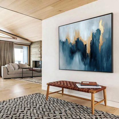 “Teal - Gray Abstract with Gold Peaks” - Teal, Gray, Gold, Mountain - Like Shapes Painting On Canvas HB0827