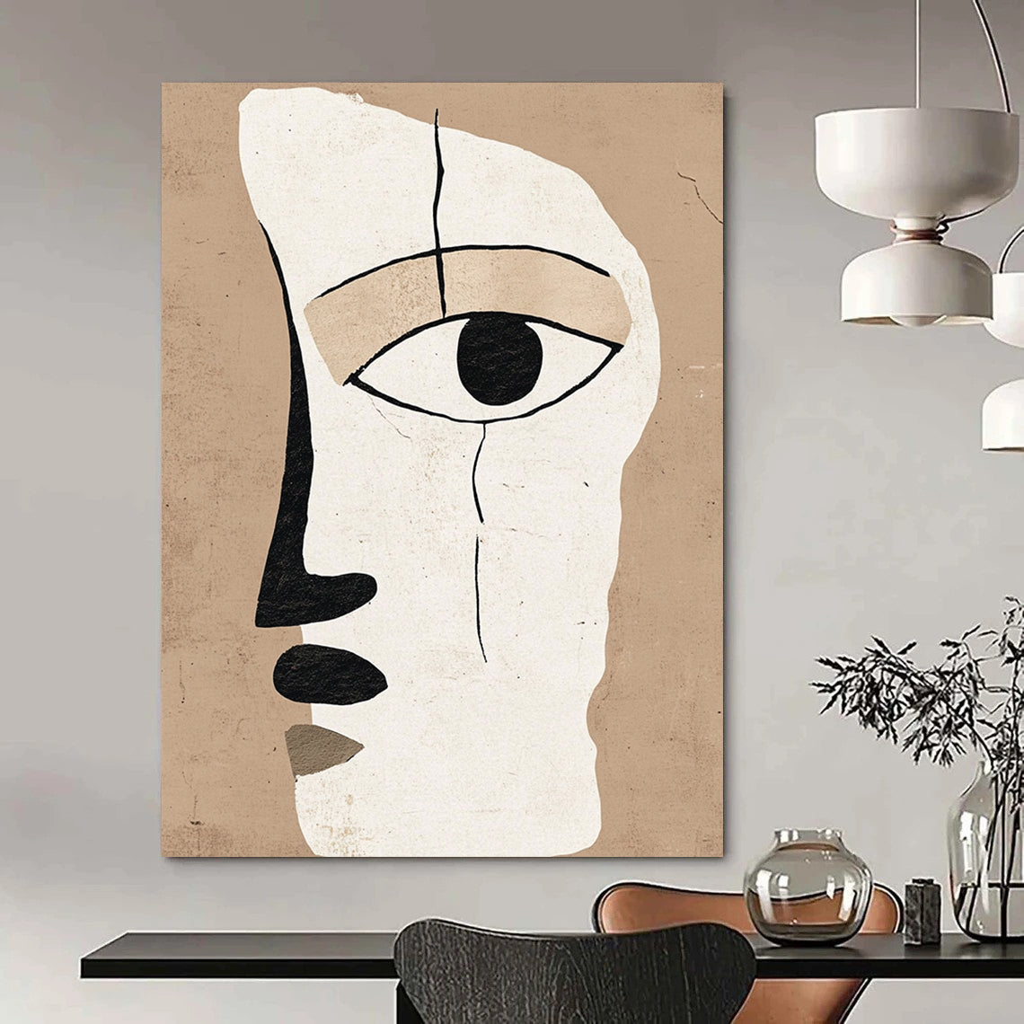 Contemporary abstract artwork featuring a minimalistic face design with an eye in warm beige and white tones, inspired by Henri Matisse. DLZ1311