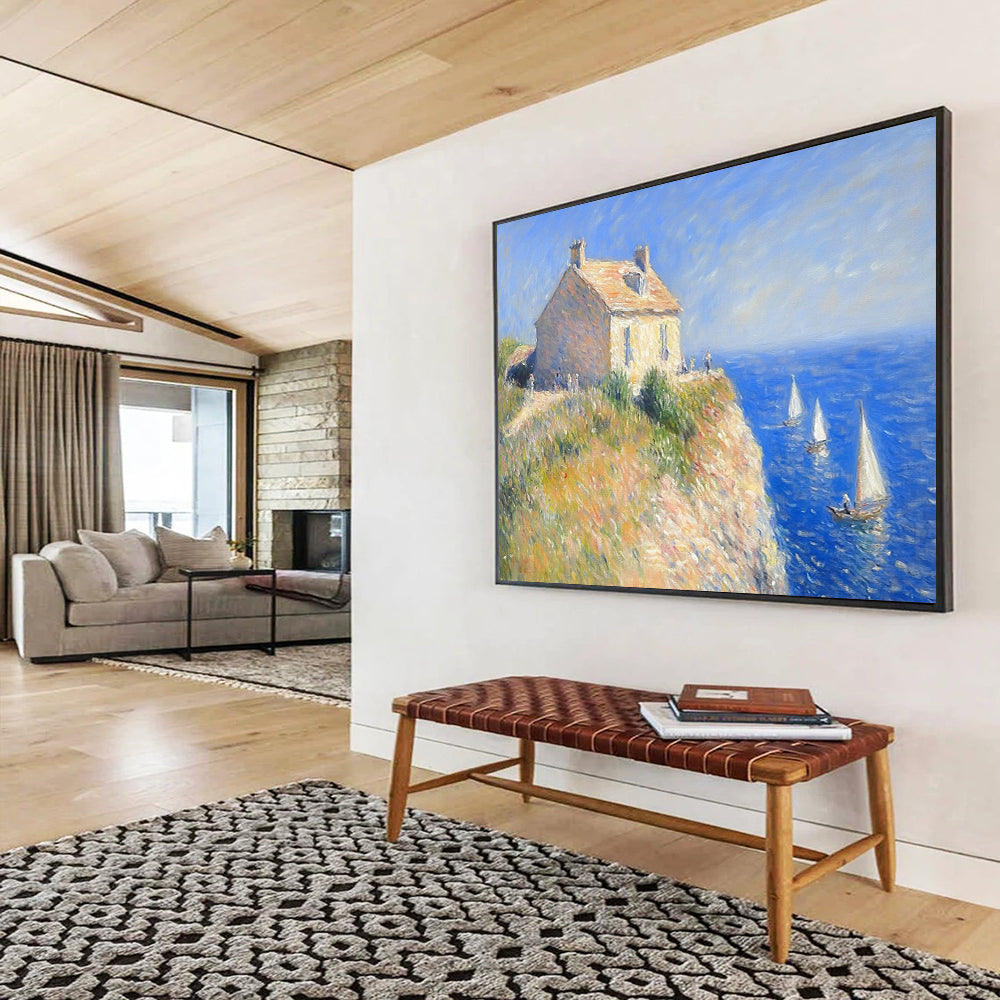 “Claude Monet - Style Seaside” - Blue, beige, seaside house, Impressionist Painting On Canvas HB0563