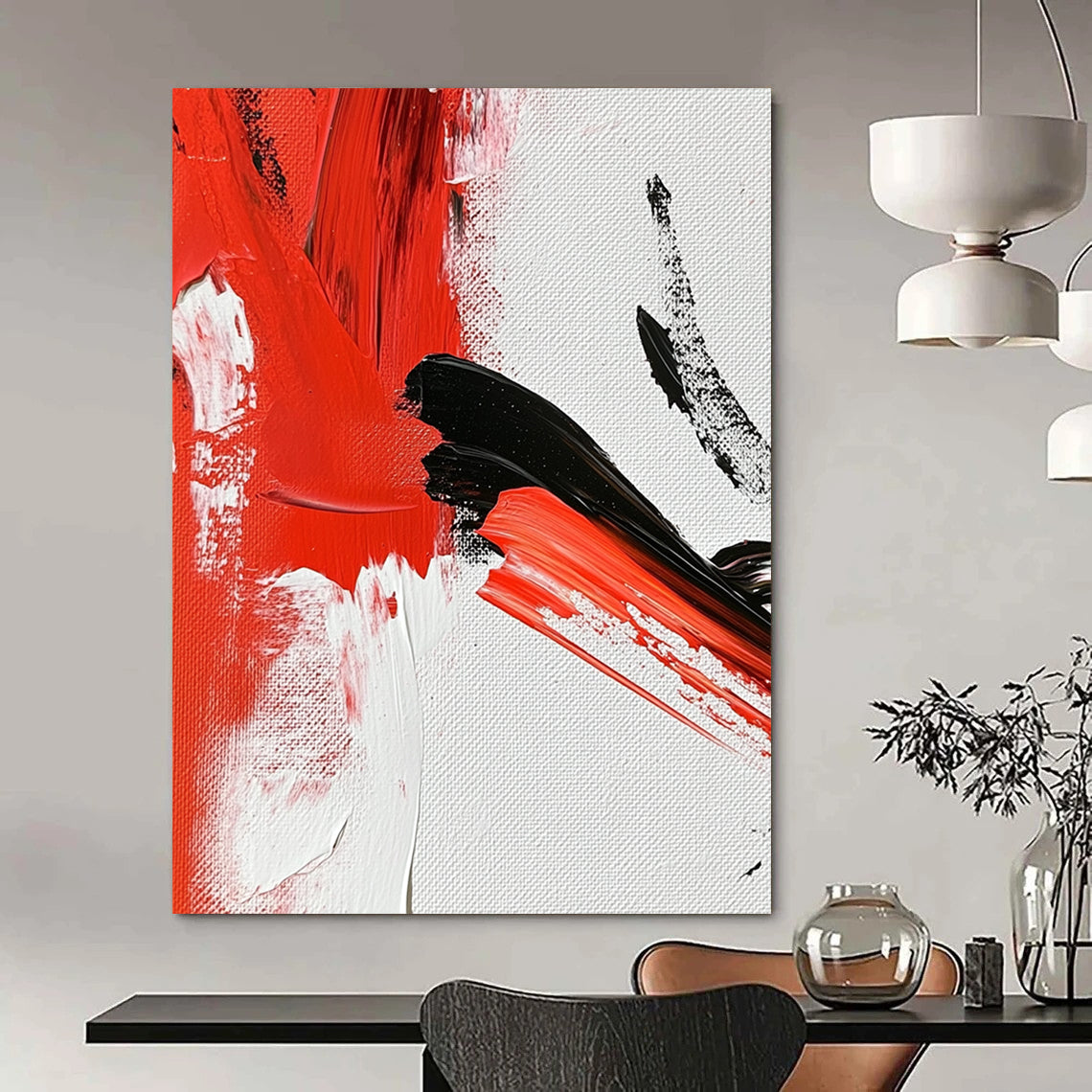 Contemporary abstract painting featuring vibrant red and white strokes on canvas with intricate details reminiscent of traditional ink techniques. DLZ0787