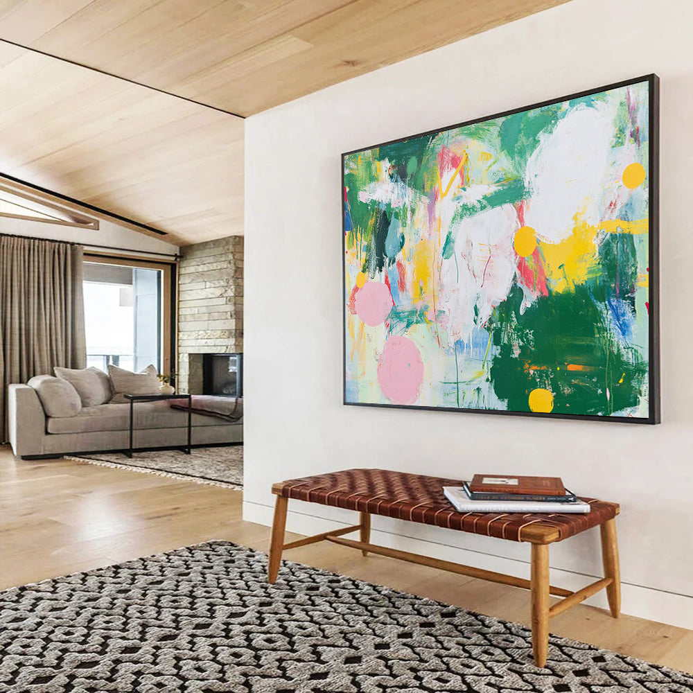 “Colorful Abstract Expressionist” - Green, yellow, pink, blue, white; Vibrant abstract expressionist; Acrylic Painting On Canvas HB1251