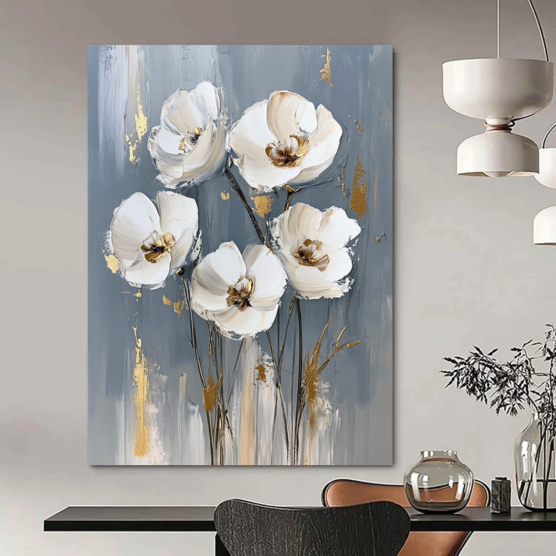Contemporary abstract painting features white flowers on a gray background with striking gold accents, creating a sophisticated artistic touch for any space. DLZ0823