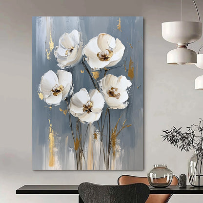 Contemporary abstract painting features white flowers on a gray background with striking gold accents, creating a sophisticated artistic touch for any space. DLZ0823