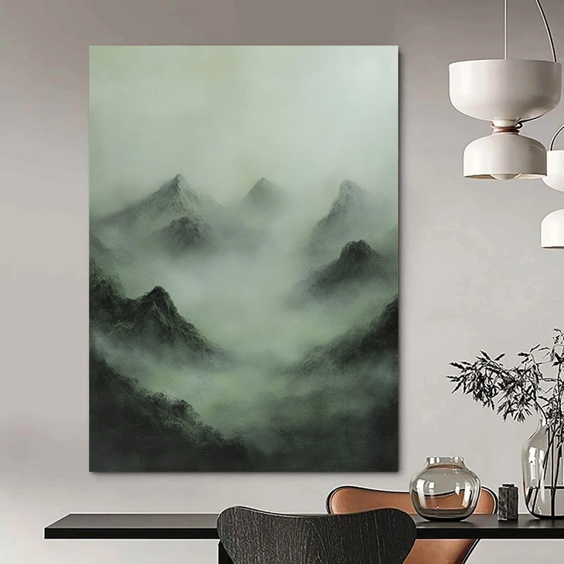 Contemporary abstract painting featuring a misty mountain range in muted greens and grays, evoking enigmatic Chinese mythology and a sense of mystery. DLZ1365
