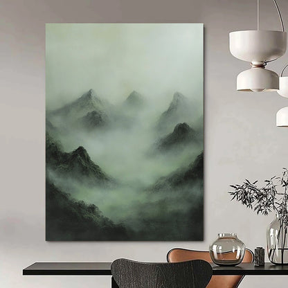 Contemporary abstract painting featuring a misty mountain range in muted greens and grays, evoking enigmatic Chinese mythology and a sense of mystery. DLZ1365