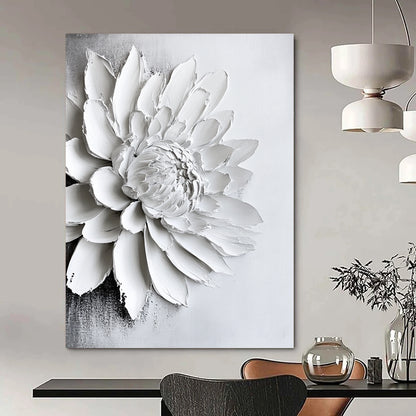 Contemporary abstract art featuring a textured white chrysanthemum painting on canvas, creating a striking monochrome aesthetic for modern interiors. DLZ0831