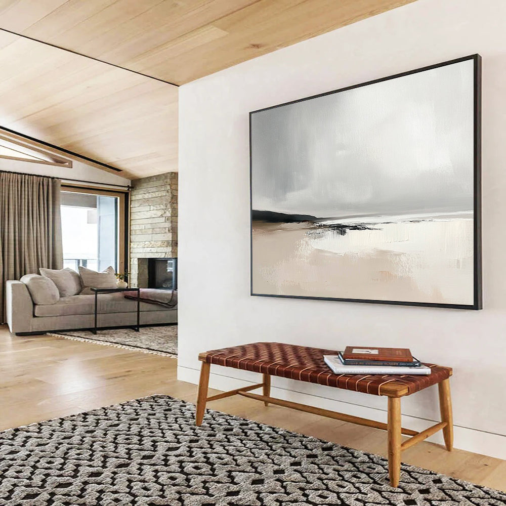 Gray and Beige Abstract Beach Scene - “Misty Shore” Painting On Canvas HB1460