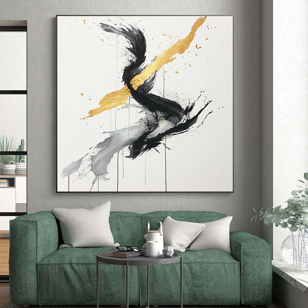 Black, White, Gold, Gray, Twisted Swirls "Gilded Twist" Abstract Expressionist Painting On Canvas HB097