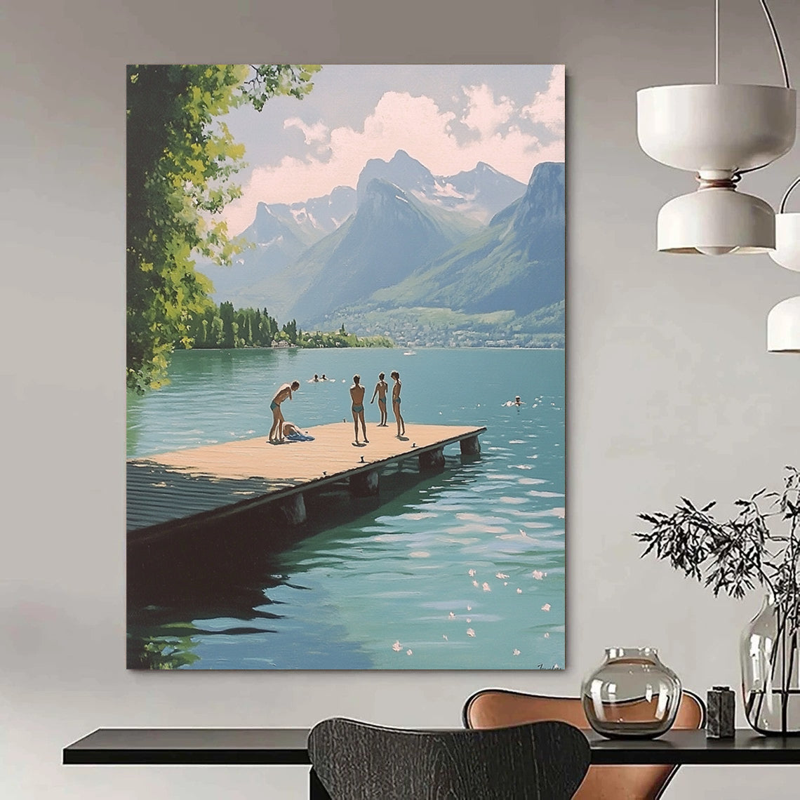 Contemporary abstract painting featuring swimmers on a dock at Lake Annecy with mountains in the background in a nostalgic 1970s vintage style. DLZ1108