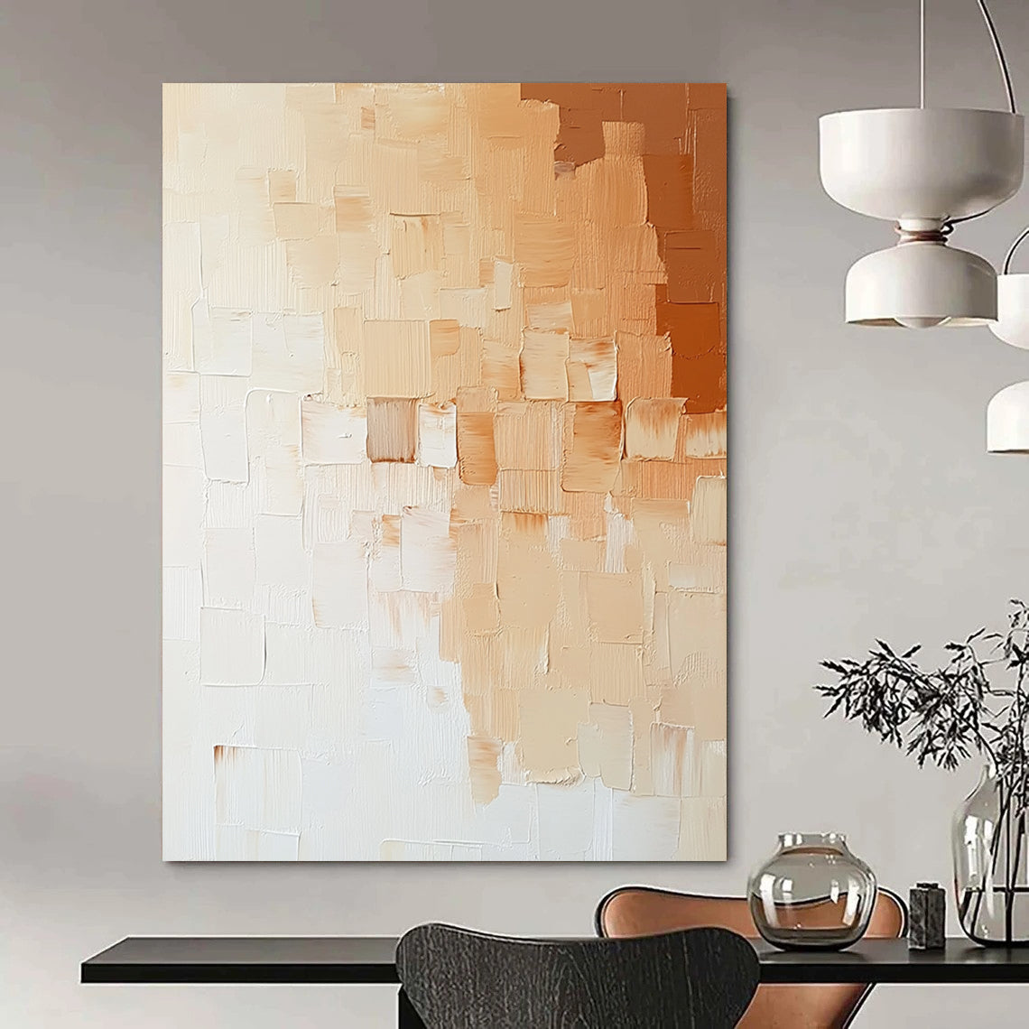 Contemporary abstract painting featuring thick impasto strokes in neutral tones, capturing a minimalist brick wall in elegant beige, white, and light orange hues. DLZ1198