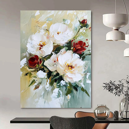 Contemporary abstract painting featuring textured white peonies and red roses with vibrant brush strokes and a soft, natural background. DLZ0673