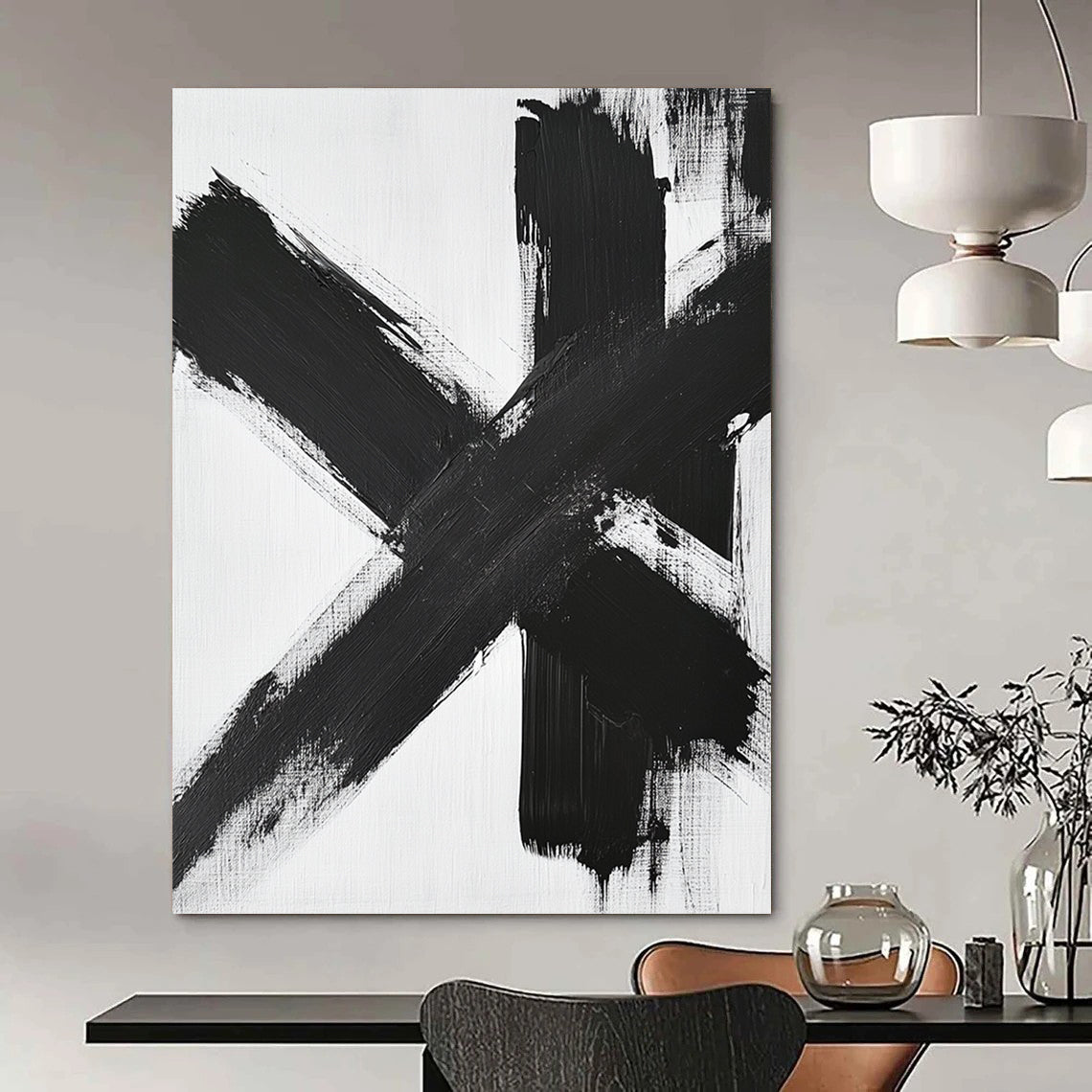 Contemporary large abstract painting featuring black and white brushstrokes dynamic textures and a symmetrical cross-shaped composition on a white background. DLZ1541