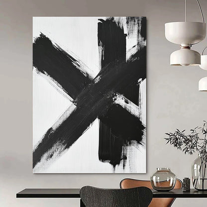 Contemporary large abstract painting featuring black and white brushstrokes dynamic textures and a symmetrical cross-shaped composition on a white background. DLZ1541