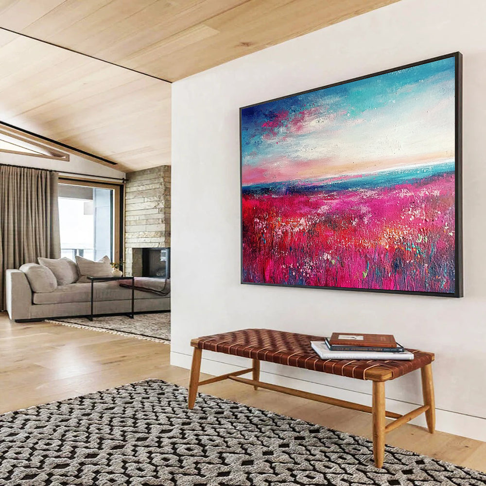 “Pink Meadow Sunset” - Pink, Blue, White, Lush Meadow and Colorful Sky Painting On Canvas HB0943
