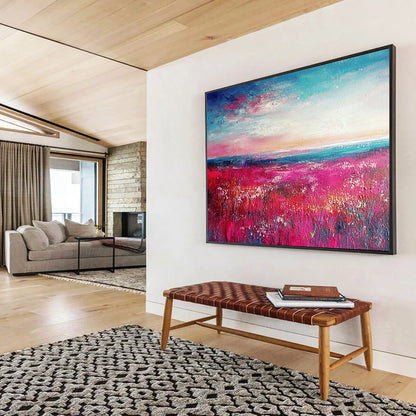 “Pink Meadow Sunset” - Pink, Blue, White, Lush Meadow and Colorful Sky Painting On Canvas HB0943