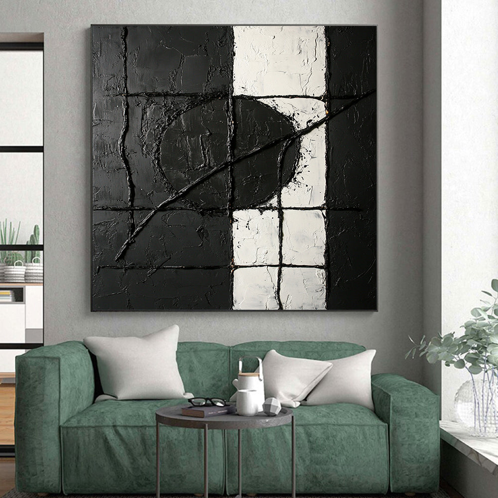 Black, White, Textured Grid "Monochrome Maze" Abstract Minimalist Painting On Canvas HB074