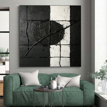 Black, White, Textured Grid "Monochrome Maze" Abstract Minimalist Painting On Canvas HB074