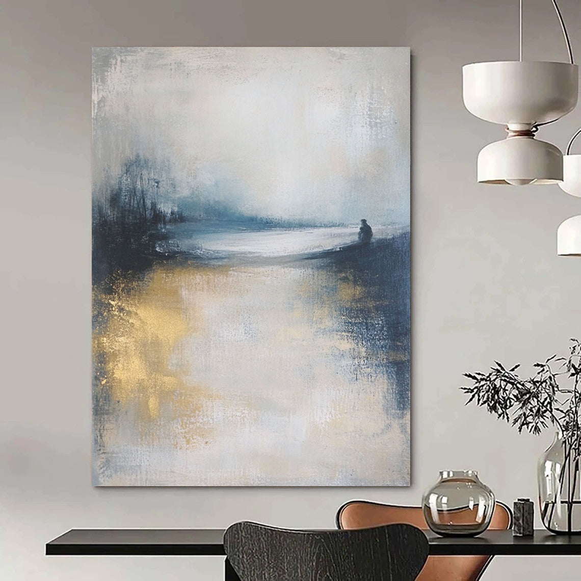 Contemporary abstract art featuring a moody ocean landscape in soft focus, neutral tones enhanced by gold and blue, creating a serene atmosphere. DLZ0464
