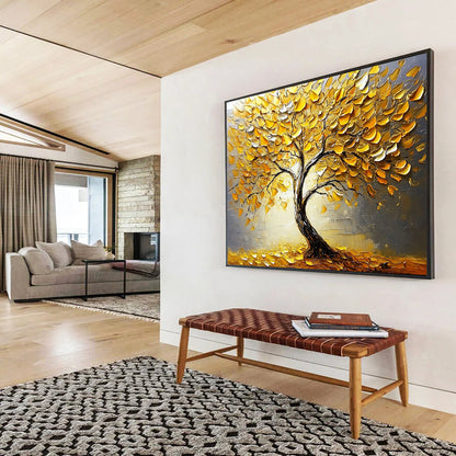 “Textured Golden Tree” - Gold, Gray, 3D Golden Leaves, Tree - Impasto Oil Painting HB1678