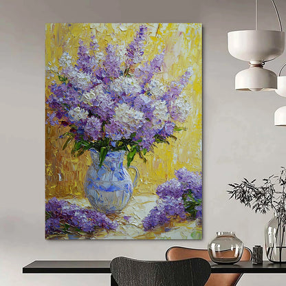 Contemporary hand-painted abstract art featuring vibrant purple and white flowers in a rich impressionist style with soft textured petals and a beautiful yellow background. DLZ1288