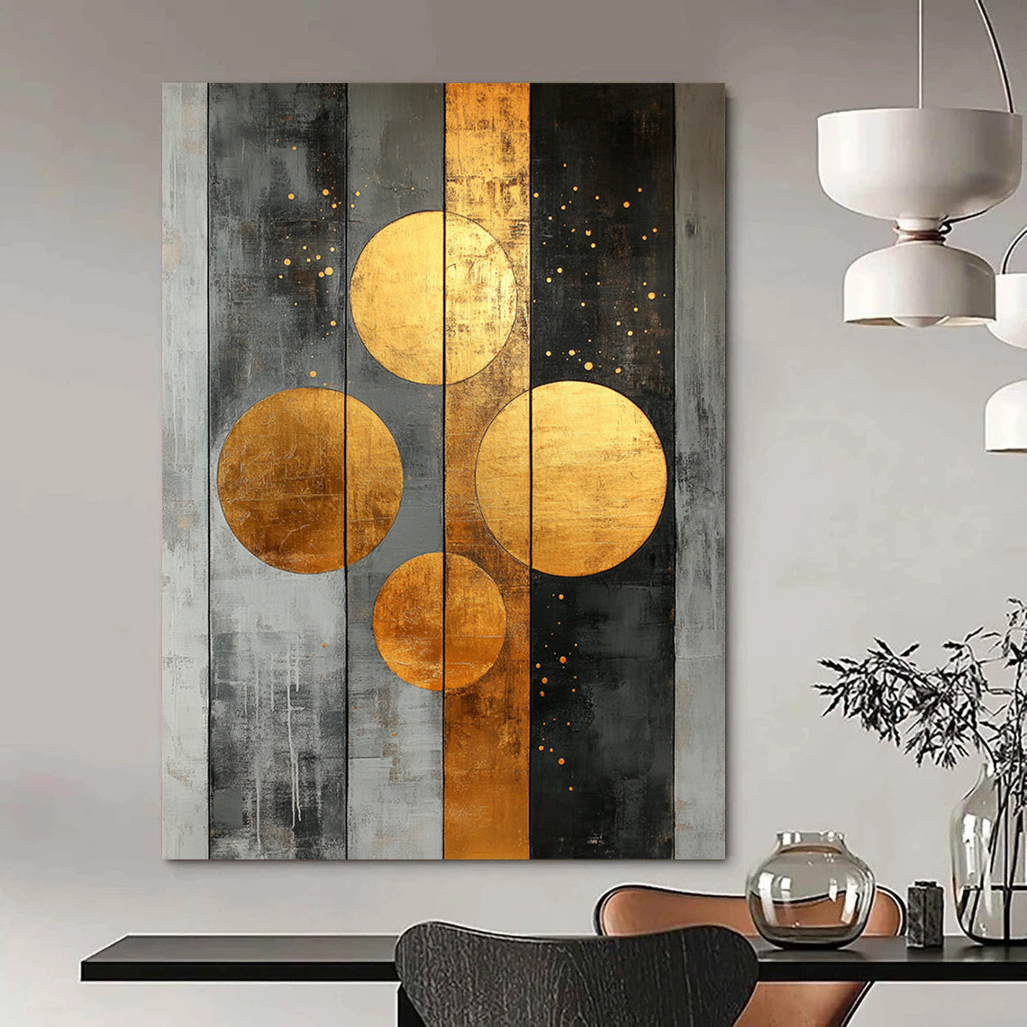 Contemporary abstract artwork features striking gold circles on a textured grey canvas adorned with dynamic stripes and dots for a bold statement. DLZ0740