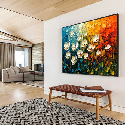 Textured White Flowers in Colorful Background – Impasto Abstract Acrylic Floral Painting HB1474