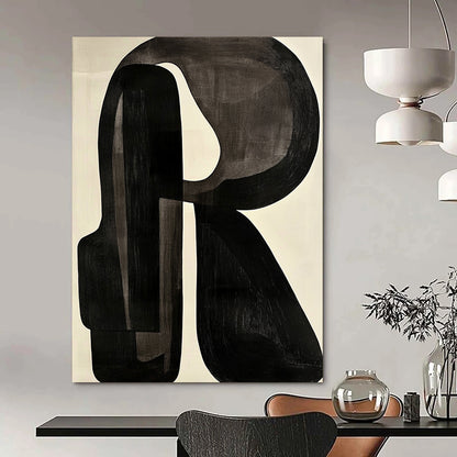 Contemporary abstract artwork featuring black and white shapes with a prominent letter R on a light gray background in the style of Jean Arp. DLZ0638