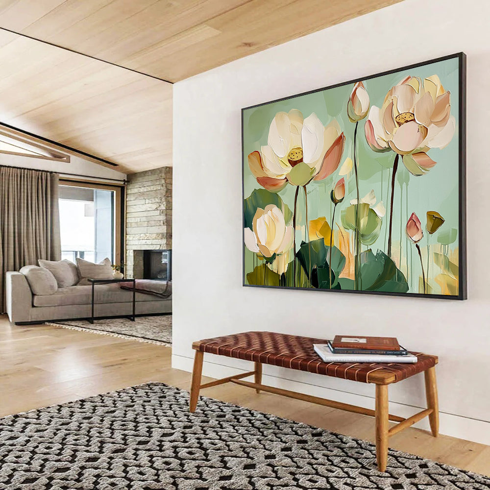 “Soft - Hued Lotus Serenity” - Pale Pink, Green, Cream, Graceful Lotus Blooms Painting On Canvas HB1018
