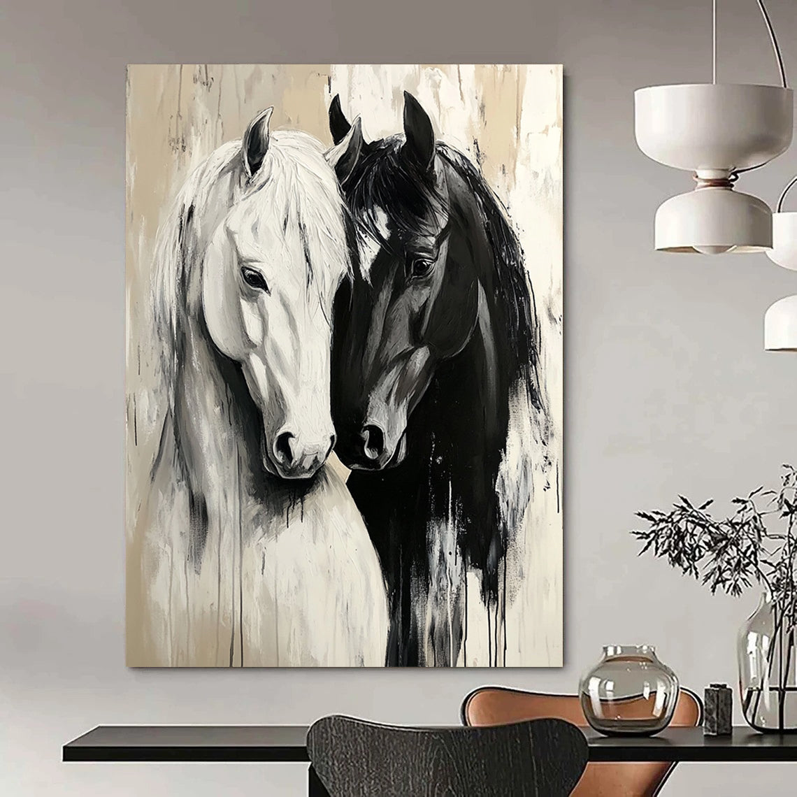 Contemporary large canvas painting featuring detailed black and white horses in love on a serene beige background with atmospheric brush strokes. DLZ1661