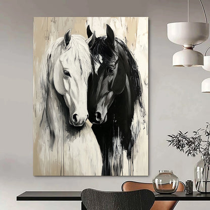 Contemporary large canvas painting featuring detailed black and white horses in love on a serene beige background with atmospheric brush strokes. DLZ1661